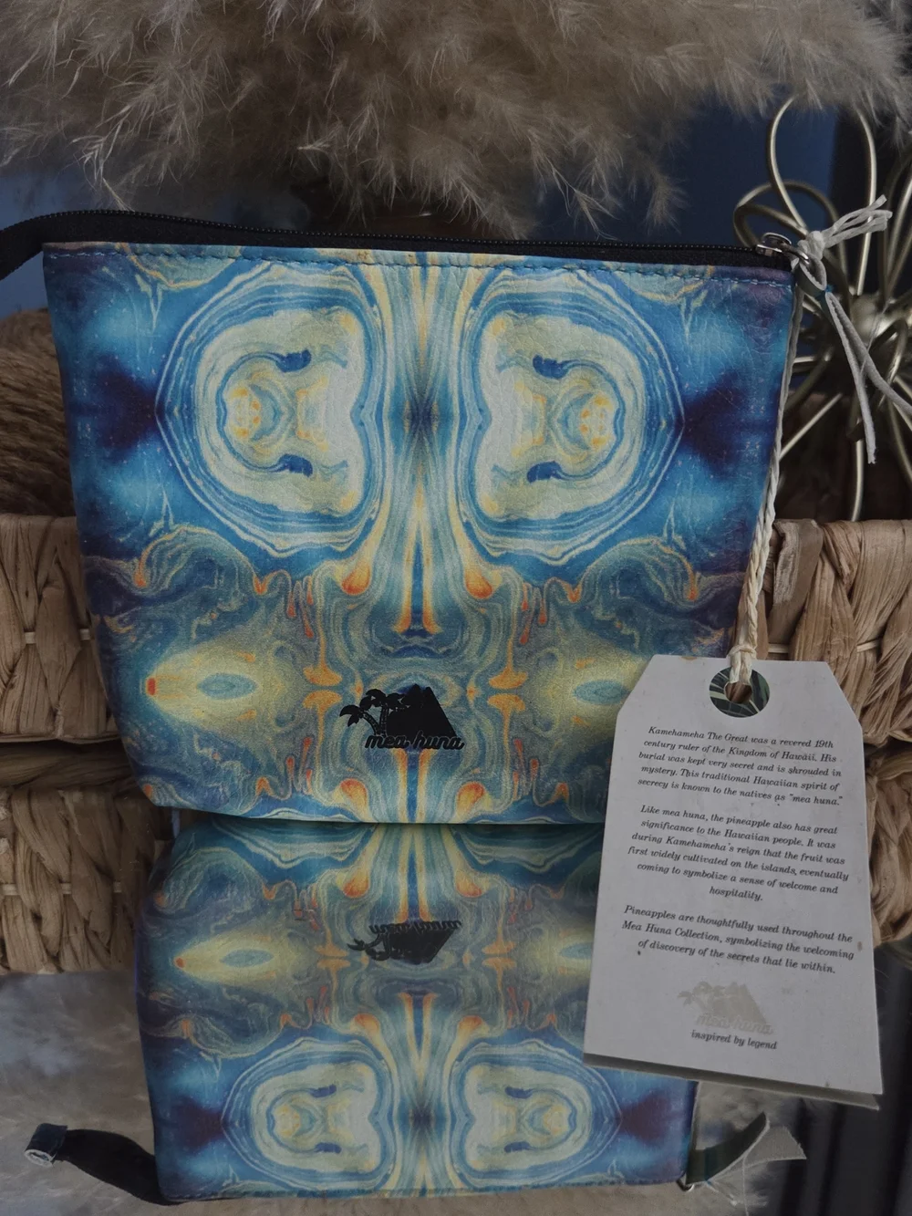 Mea Huna Hawaiian Cosmetic Bag Blue Agate Print Travel Pouch NWT
